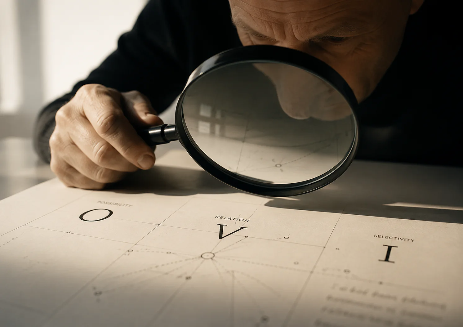 A close view of a person using a magnifying glass to examine an I·V·O diagram labelled possibility, relation and selectivity
