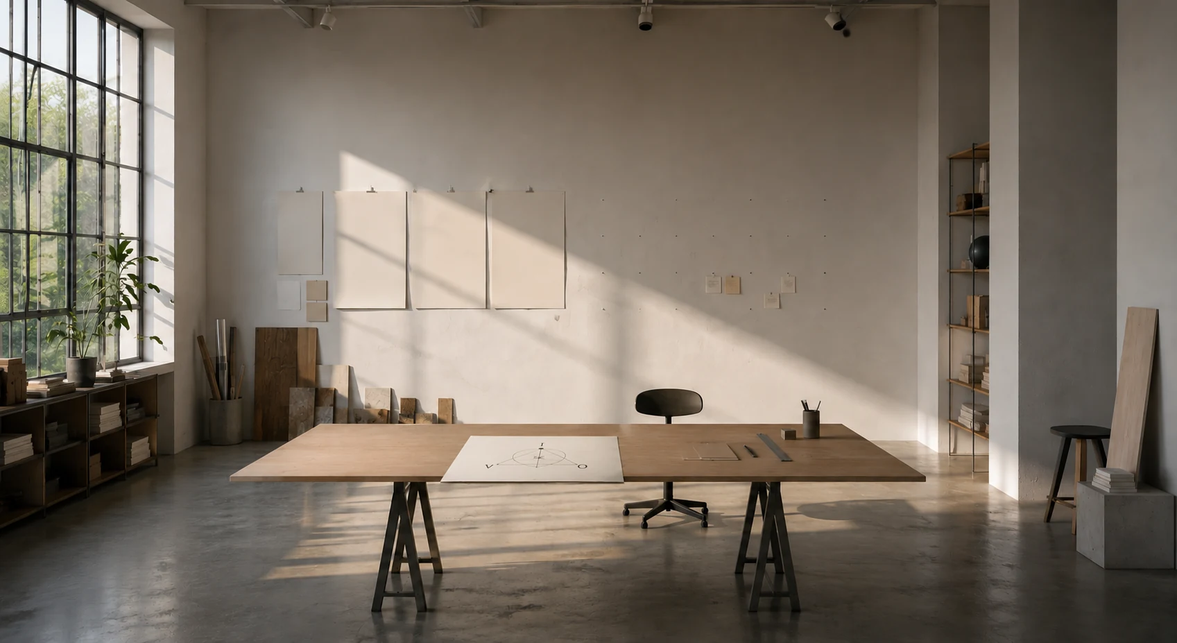Sunlit design studio with a large worktable and an I·V·O diagram
