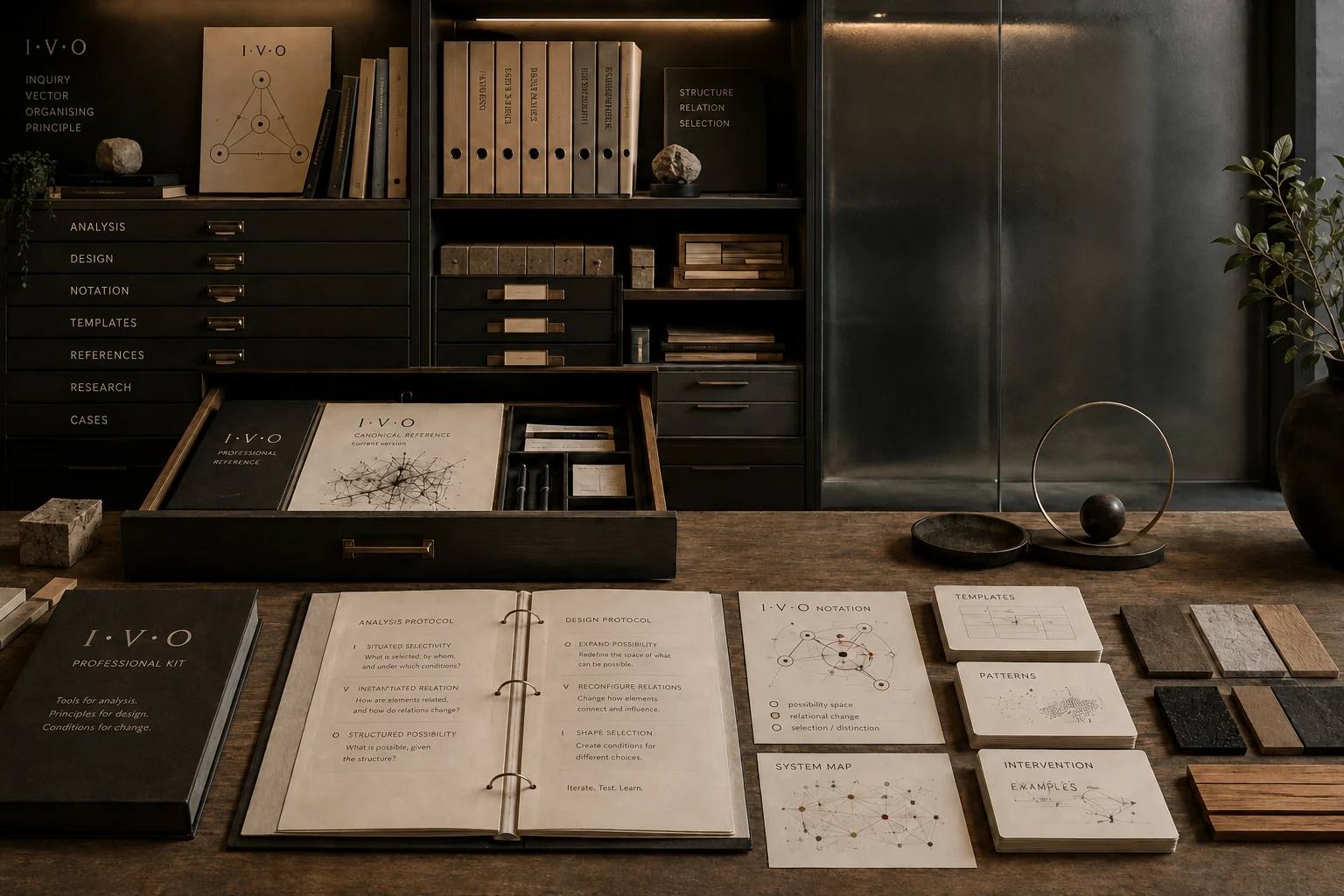 Professional I·V·O reference archive with methodologies, notation, templates and working materials