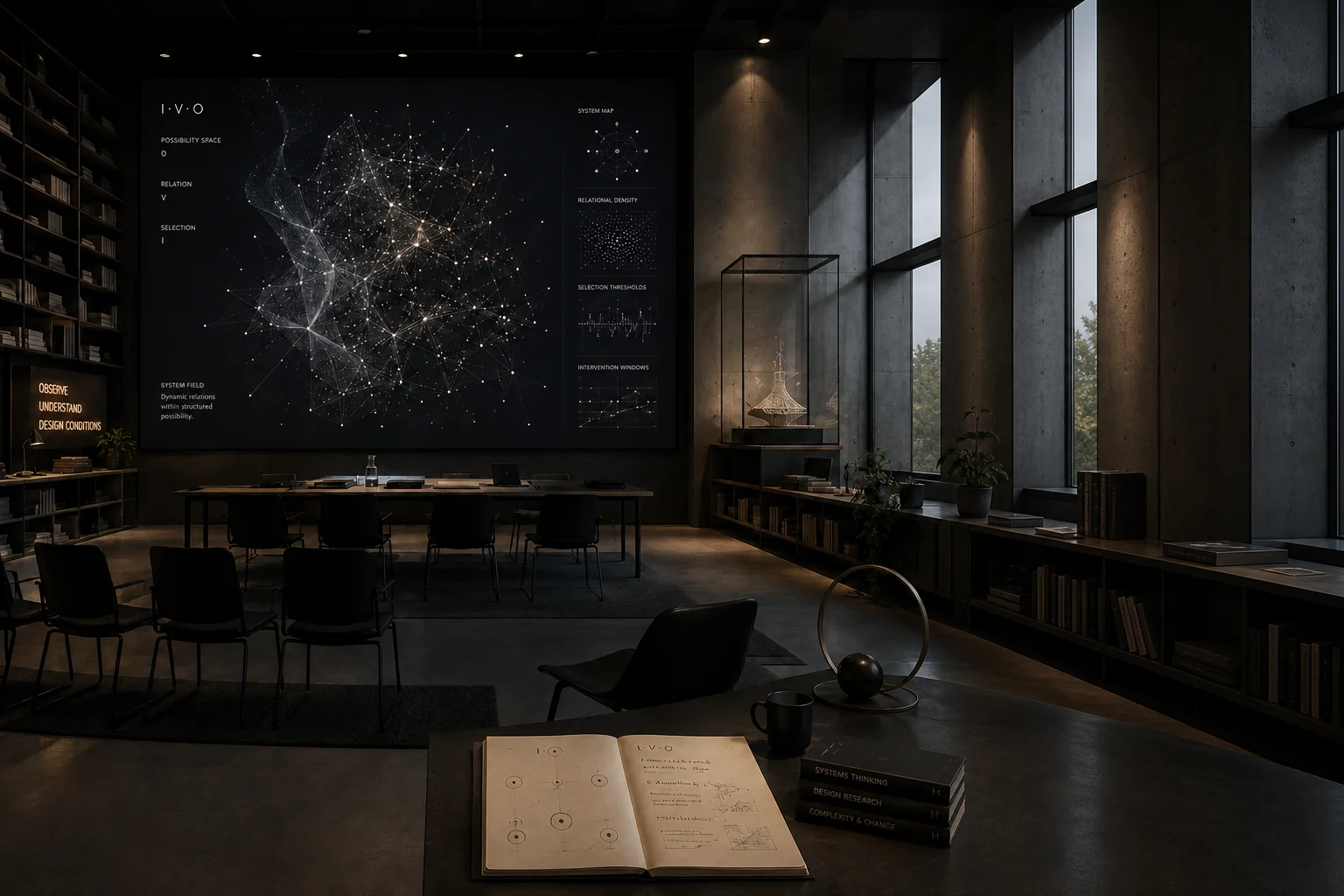 Dark I·V·O research observatory with a large system field visualisation