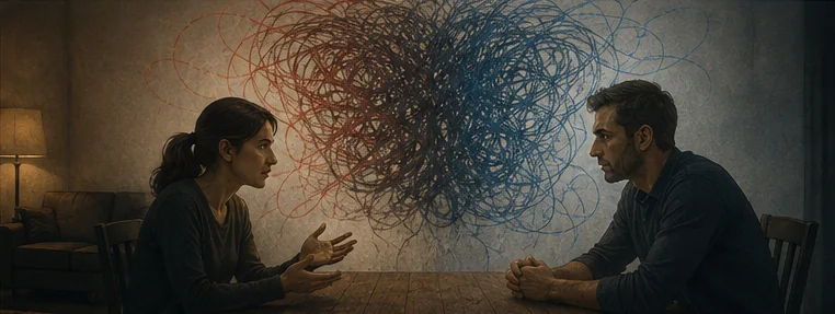 Two people in a recurring conflict with tangled relations between them