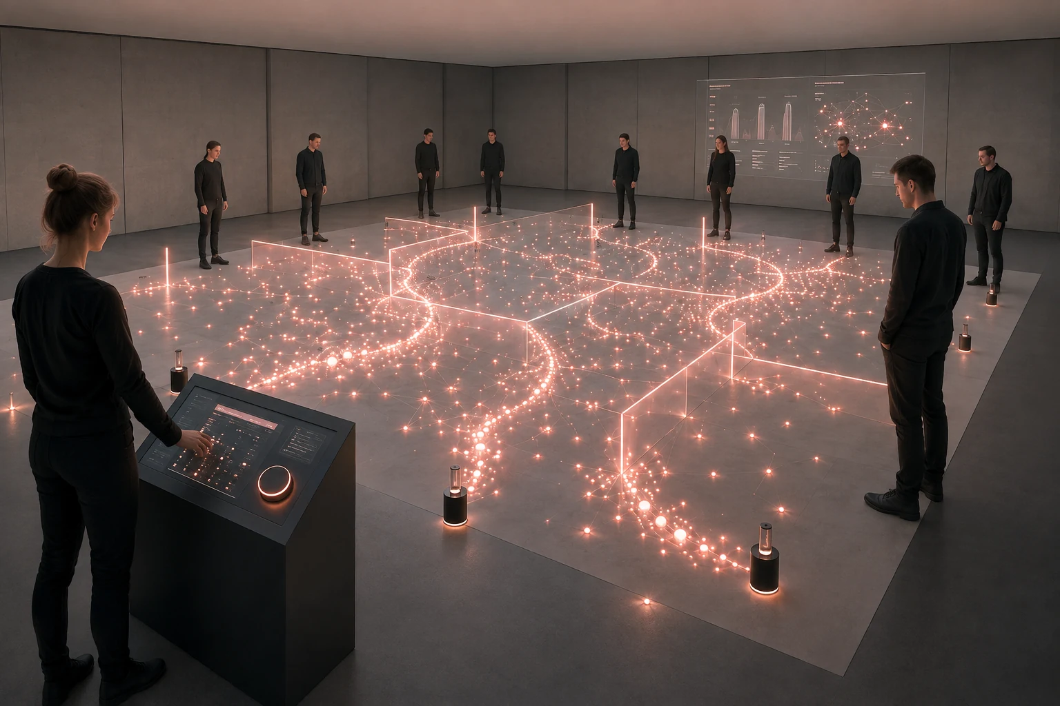 Boundary Machine interactive system installation visualising movement and social structure