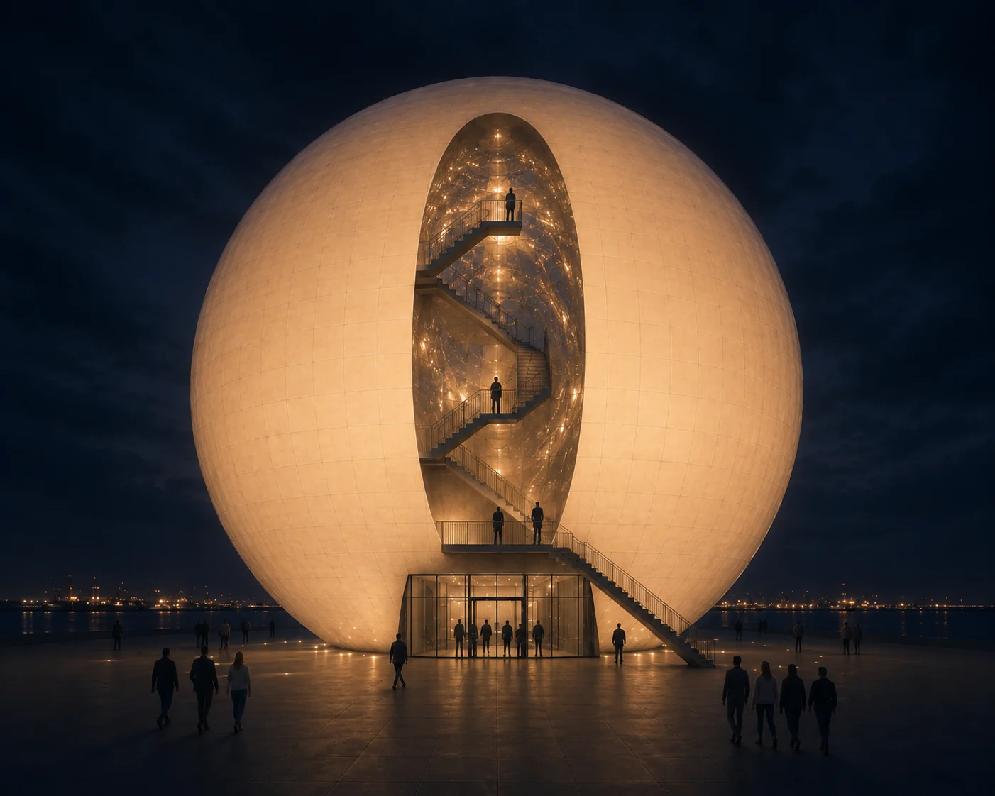The illuminated Sphere at night with its interior staircase visible