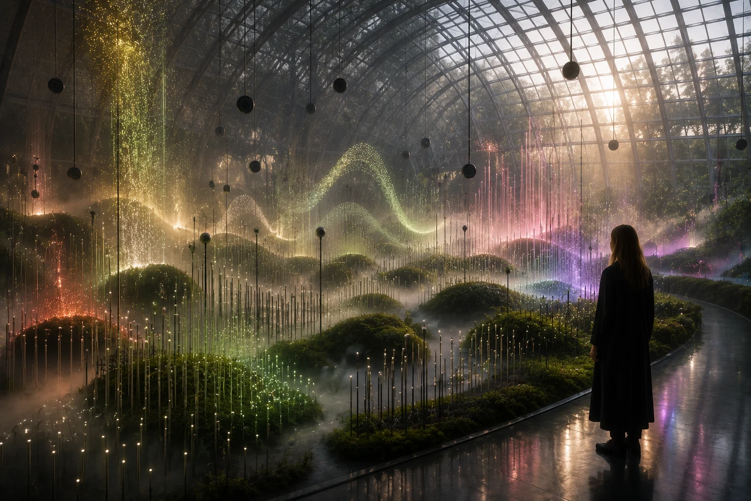 Noise Garden interactive sound and light installation inside a glass museum hall