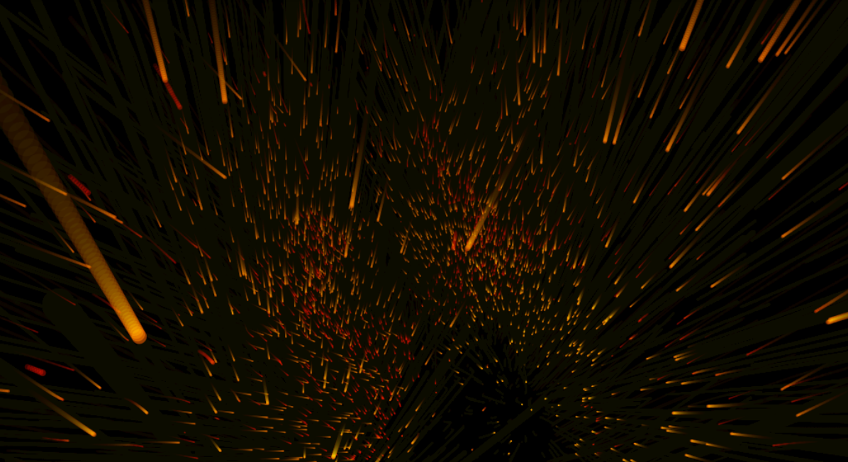 Orange particles moving through a dark field