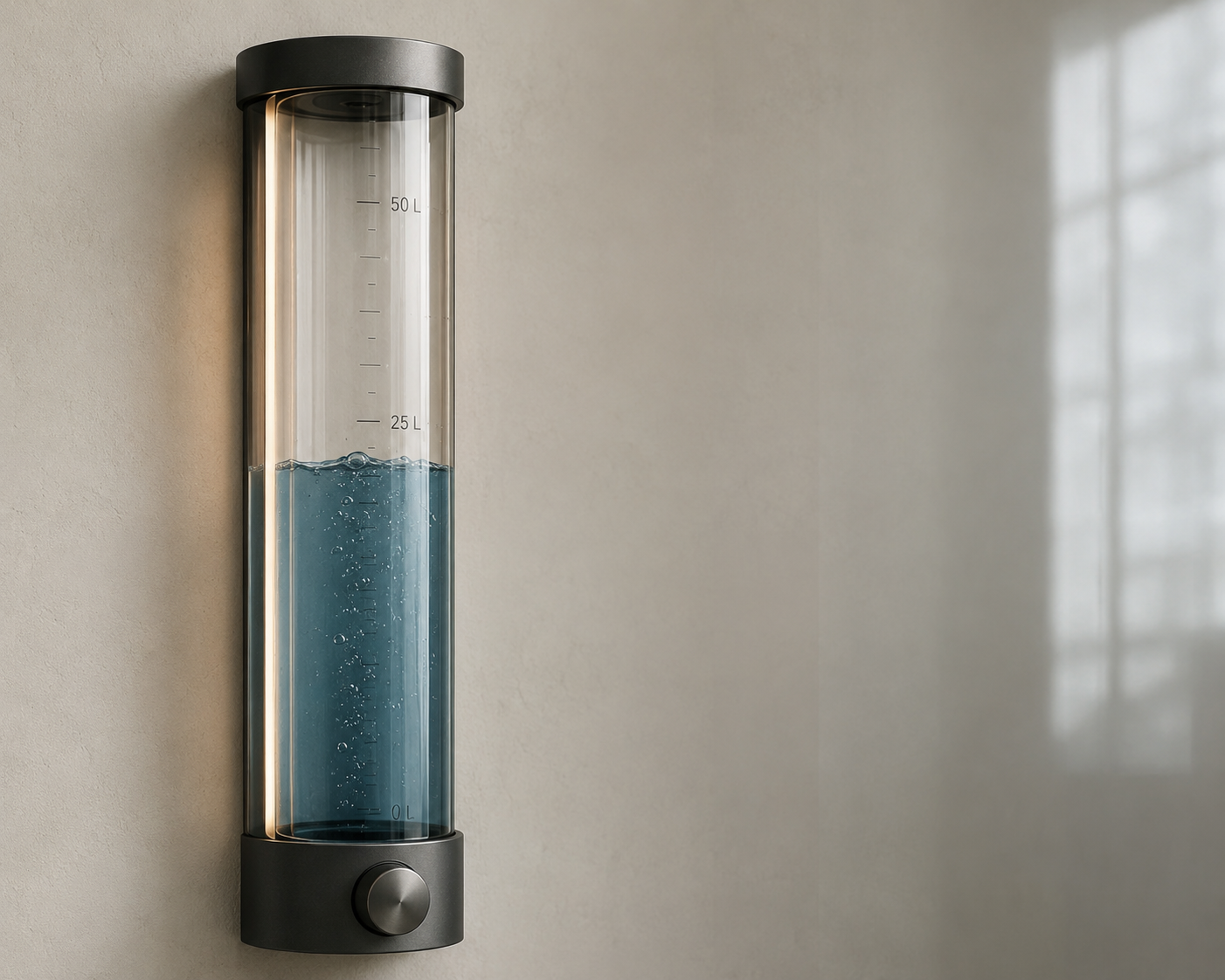 Wall-mounted water reservoir showing the remaining volume